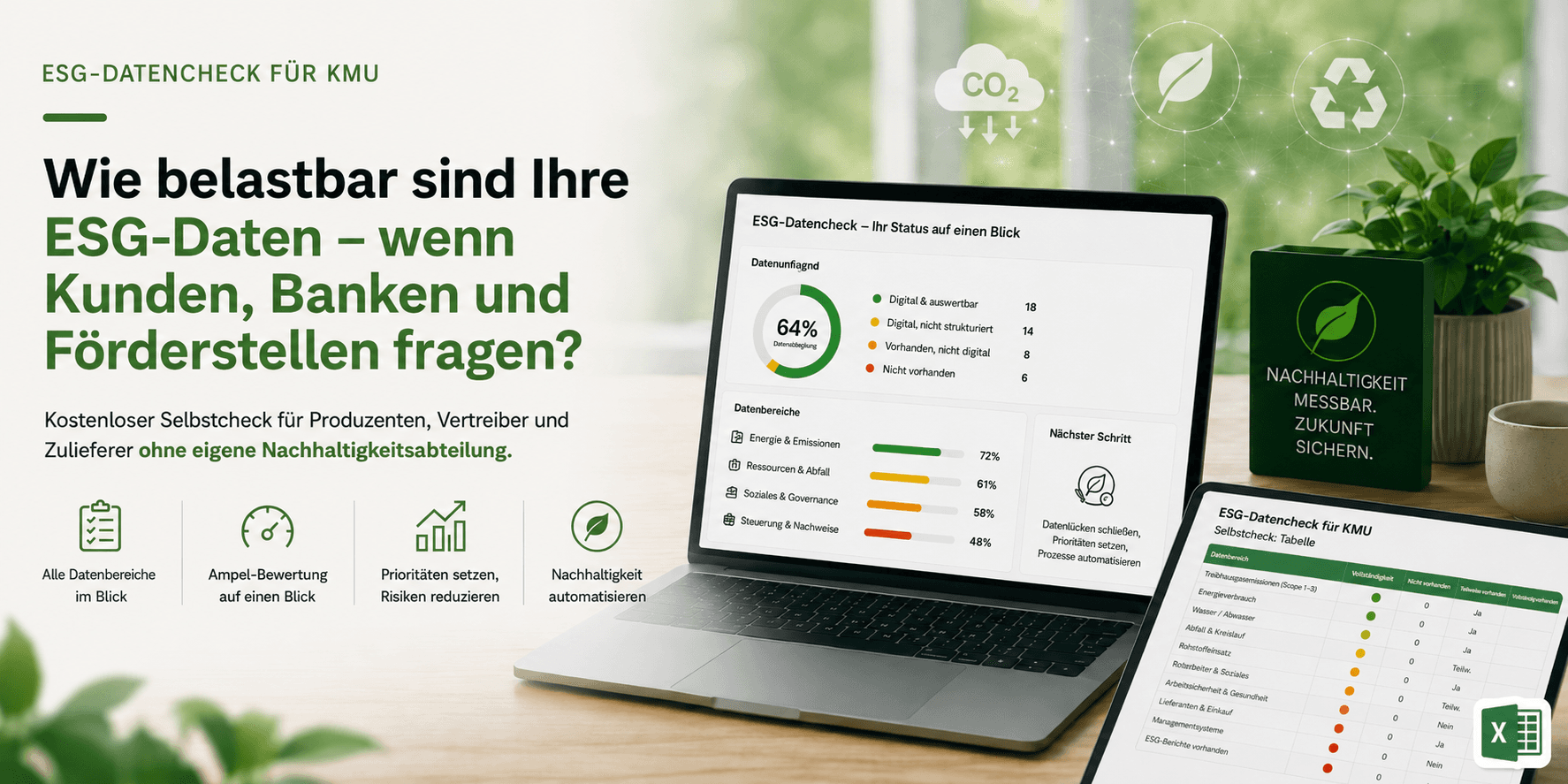 ESG-Datencheck für KMU - Datenreifegrad, Datenbereiche und nächste Schritte auf einen Blick